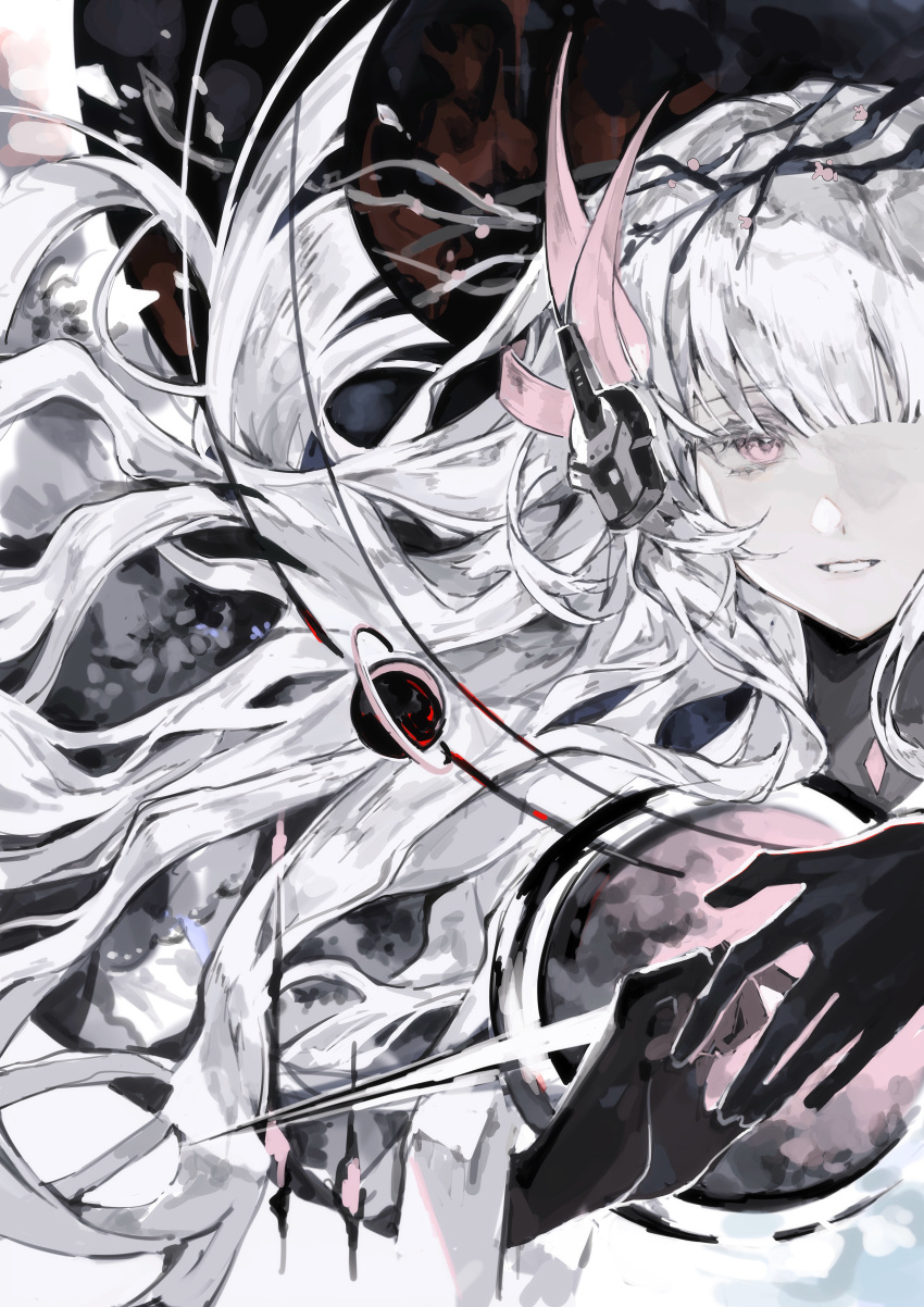 1girl, abstract, absurdres, black_hands, black_hole, blunt_bangs, branch, colored_extremities