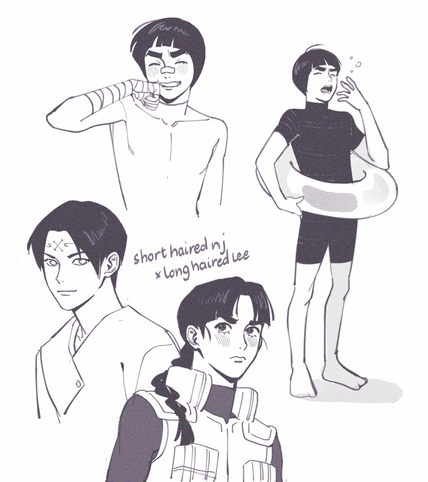 2boys, alternate_hair_length, alternate_hairstyle, barefoot, blush, bodysuit, braid, braided_ponytail