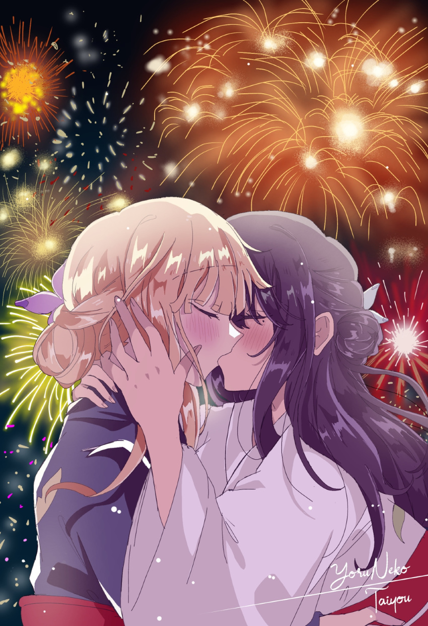 2girls, aerial_fireworks, black_kimono, blonde_hair, chou_kaguya-hime!, closed_eyes, fireworks, flower