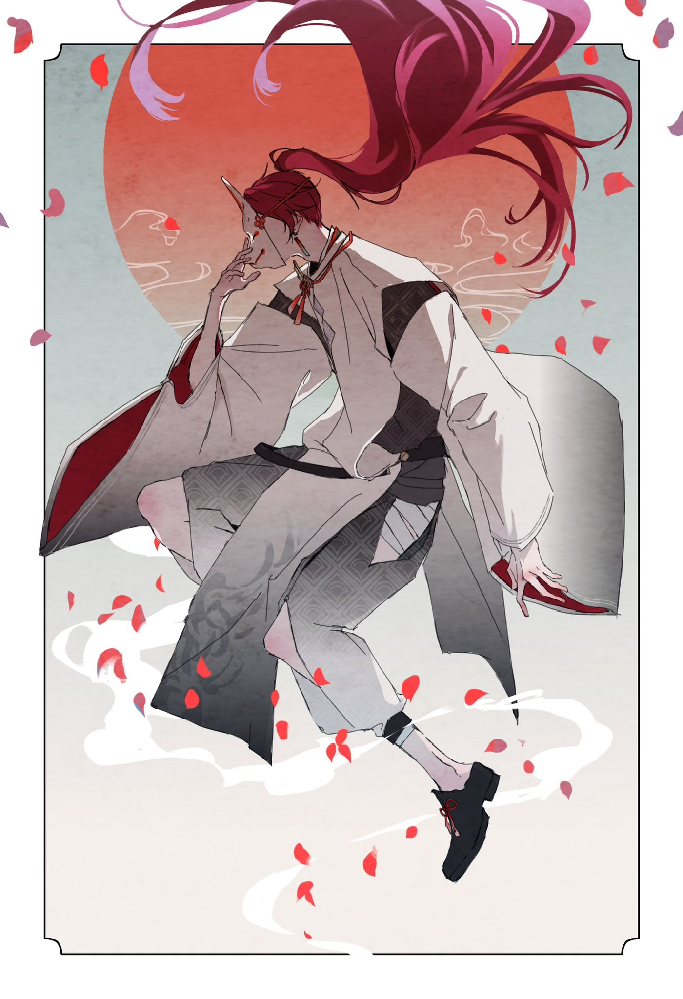 1boy, bandaged_leg, bandages, black_kimono, black_shoes, border, earrings, falling_petals, floating, fox_mask, from_side, full_body, guhe0oo0, hand_up, hashtag-only_commentary, high_ponytail, highres, japanese_clothes, jewelry, kariginu, kimono, lauren_iroas, lauren_iroas_(5th_costume), long_hair, long_sleeves, male_focus, mask, mask_on_head, nijisanji, official_alternate_costume, petals, ponytail, red_hair, red_petals, shoes, solo, tassel, tassel_earrings, very_long_hair, virtual_youtuber, white_border
