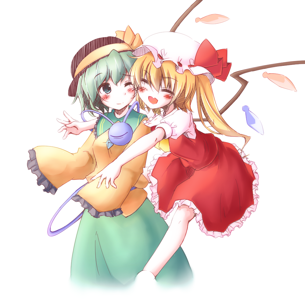 ascot, blonde_hair, blush, closed_eyes, eyeball, eyes_closed, flandre_scarlet, green_eyes