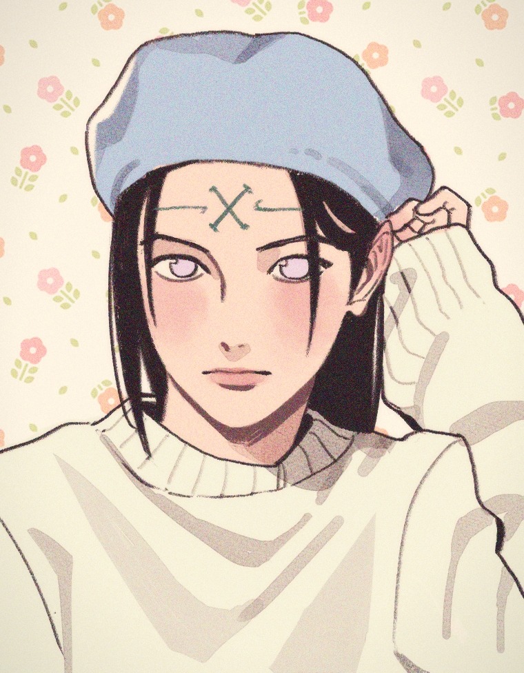 1boy, bishounen, black_hair, blue_hat, commentary, english_commentary, expressionless, hair_behind_ear