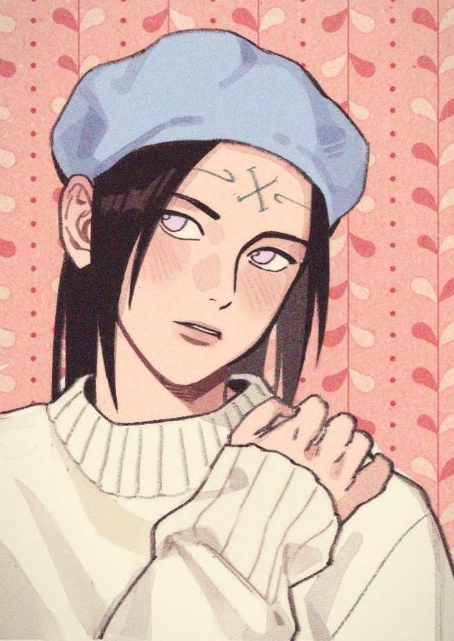 1boy, bishounen, black_hair, blue_hat, commentary, english_commentary, forehead_tattoo, hat