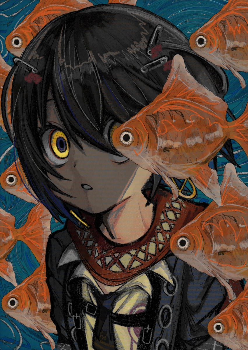 1boy, black_necktie, blue_jacket, bob_cut, chest_harness, commentary, earrings, fish