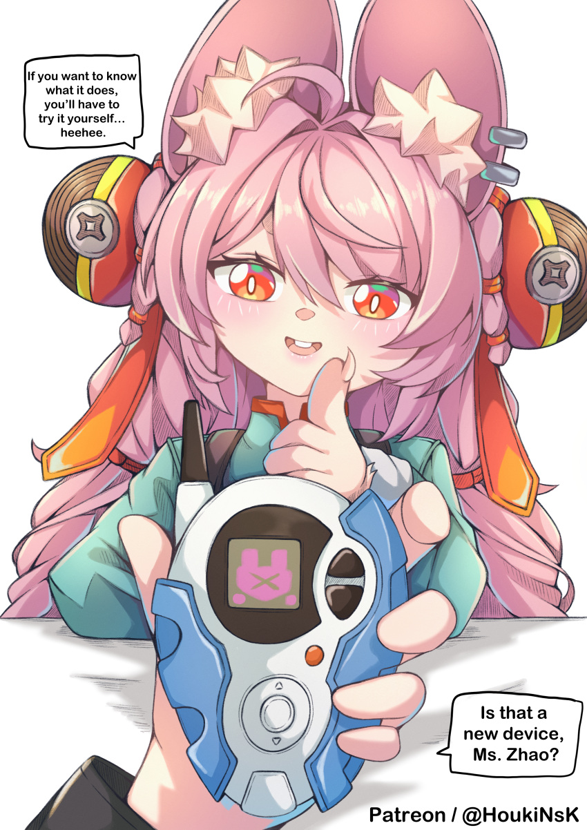 1girl, absurdres, ahoge, animal_ear_fluff, animal_ear_piercing, animal_ears, braid, bright_pupils, commentary, english_commentary, furry, furry_female, hair_ornament, highres, houkiz, long_hair, looking_at_viewer, open_mouth, pink_fur, pink_hair, rabbit_ears, rabbit_girl, red_eyes, shirt, short_eyebrows, solo, thick_eyebrows, twin_braids, white_pupils, zenless_zone_zero, zhao_(zenless_zone_zero)