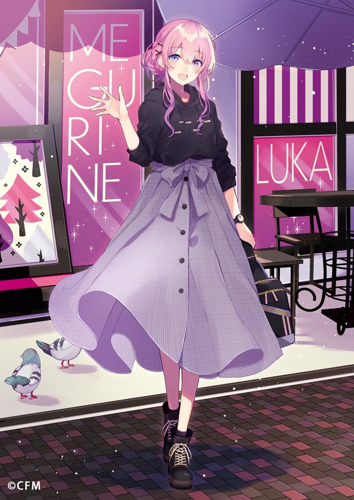 1girl, :d, ankle_boots, ankle_socks, bag, belt_bow, bird, black_boots