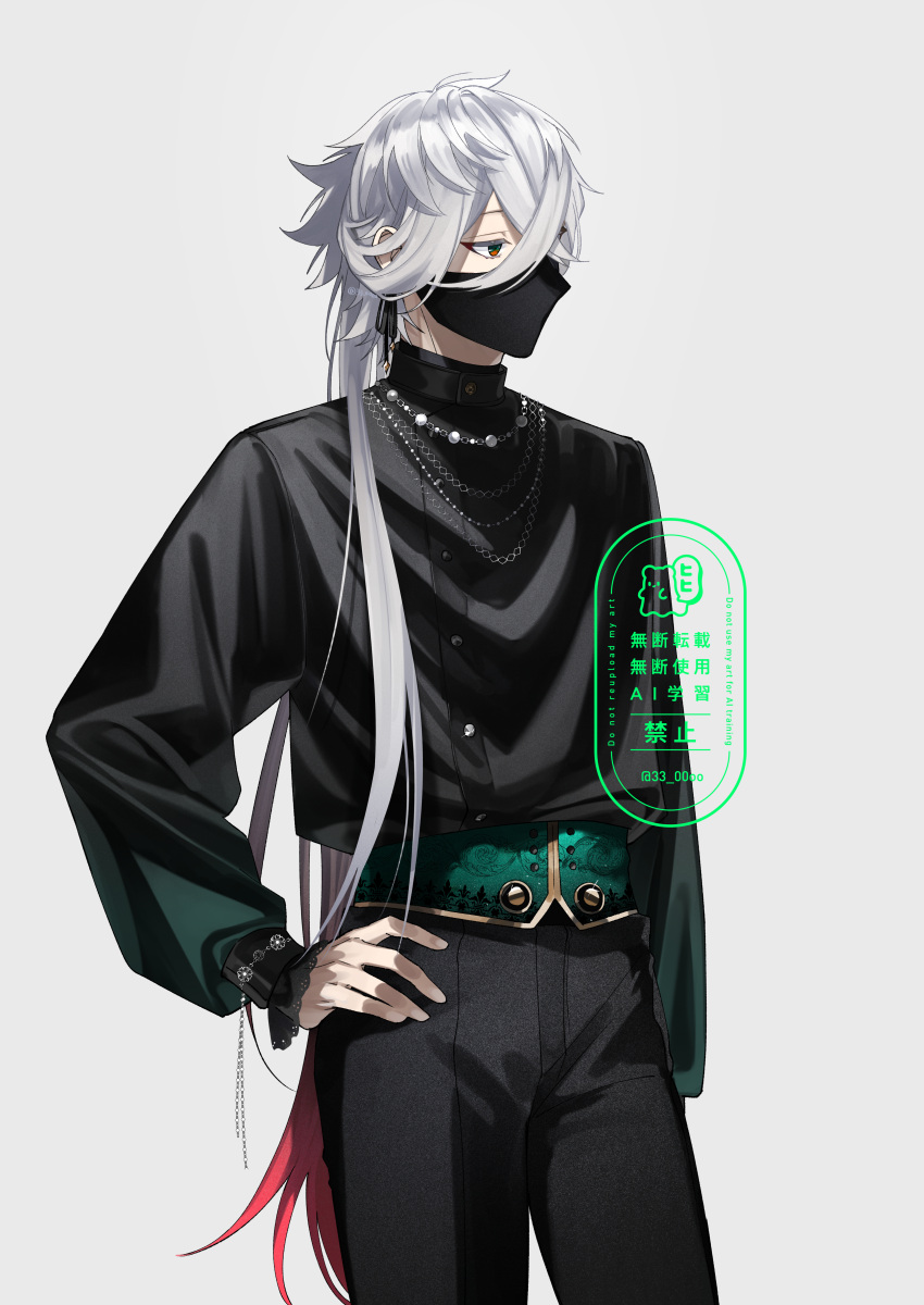 1boy, 33_00oo, absurdres, arm_at_side, artist_name, asclepius_(fate), black_mask, black_pants