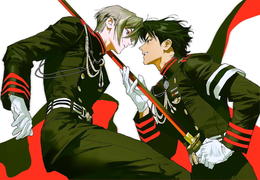 2boys, aiguillette, armband, belt, black_cape, black_eyes, black_hair, black_jacket