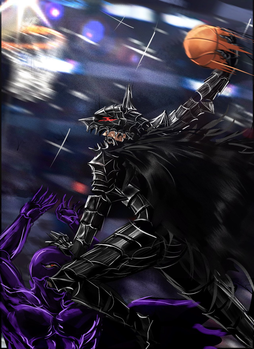 2boys, armor, ball, basketball_(object), basketball_hoop, berserk, berserker_armor, camera_flash