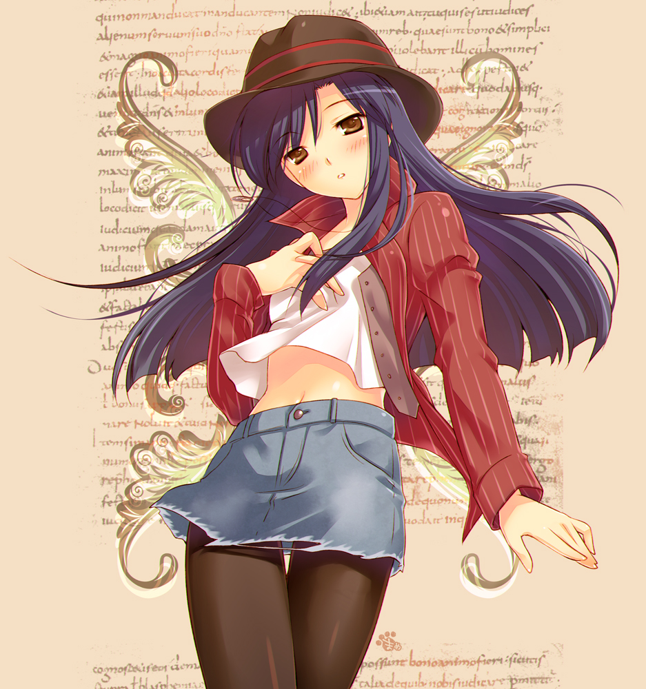 black_legwear, blue_hair, brown_eyes, denim_skirt, hat, idolmaster, jean_skirt, kisaragi_chihaya, long_hair, mame-p, miniskirt, navel, pantyhose, shirt, skirt, solo, thigh_gap, thighs