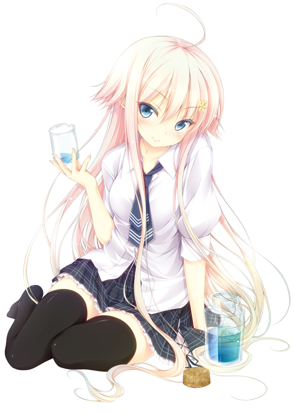 beaker, black_legwear, blonde_hair, blue_eyes, blush, gradient_hair, hair_ornament, hairclip, kisei_kanojo_sana, long_hair, luna_lia, multicolored_hair, necktie, no_shoes, original, pink_hair, plaid, plaid_skirt, sana_(kisei_kanojo_sana), school_uniform, simple_background, sitting, skirt, sleeves_rolled_up, smile, solo, tartan, thigh-highs, thighhighs, zettai_ryouiki