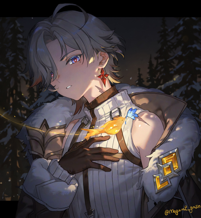 arm_up, bare_shoulders, black_gloves, black_jacket, black_shirt, blue_eyes, commentary, diamond-shaped_pupils