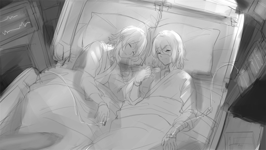 2girls, bandaged_arm, bandaged_hand, bandages, bed, bracelet, closed_eyes, commentary_request