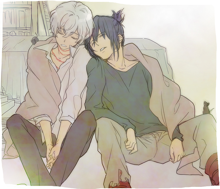 bed, blanket, blue_hair, closed_eyes, eyes_closed, male, mouse, multiple_boys, nezumi_(no.6), no.6, shida_(3ki), shion_(no.6), short_hair, sion_(no.6), sitting, sleeping, white_hair