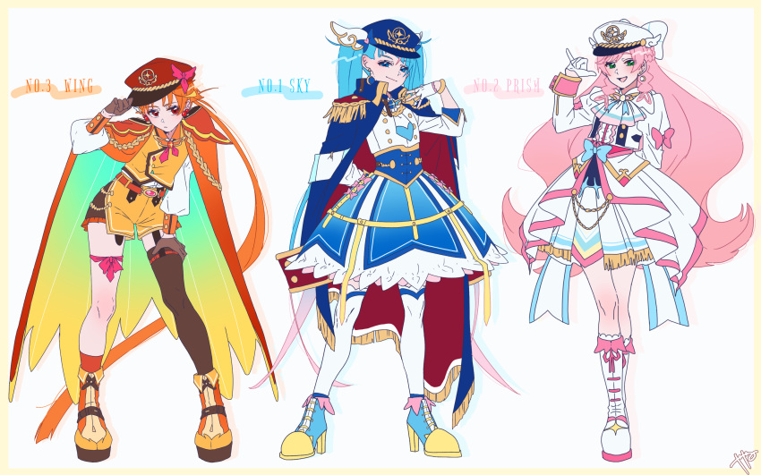 1boy, 2girls, \m/, absurdres, adapted_costume, aiguillette, ankle_boots, arm_behind_back
