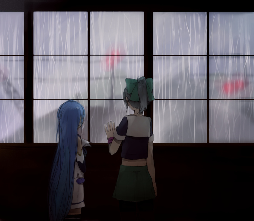 2girls, blue_hair, bow, condensation, crop_top, elbow_gloves, from_behind, gloves