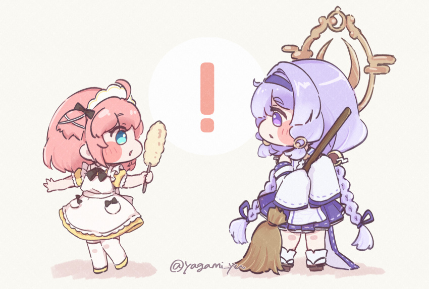 !, 2girls, black_bow, blue_eyes, blush_stickers, bow, braid, broom