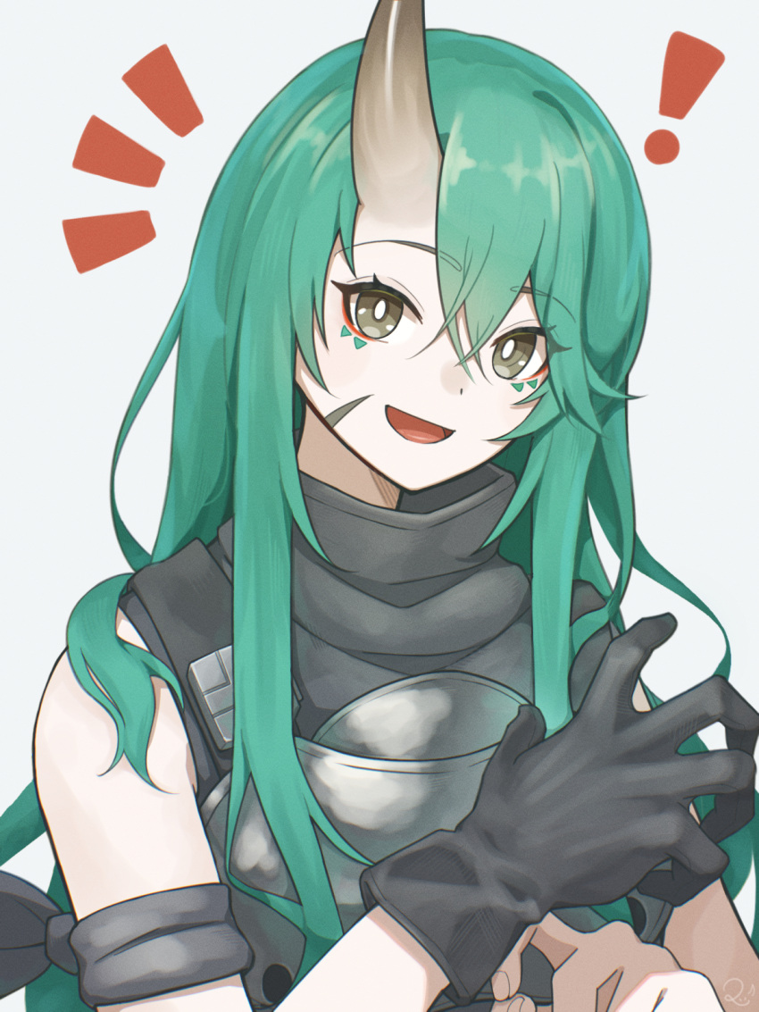 !, 1girl, arknights, bare_shoulders, black_gloves, bright_pupils, commentary_request, gloves