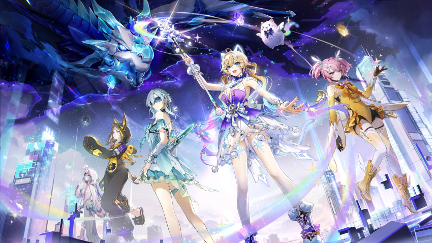 5girls, absurdres, animal_ears, arm_up, black_gloves, blonde_hair, blue_background, blue_eyes