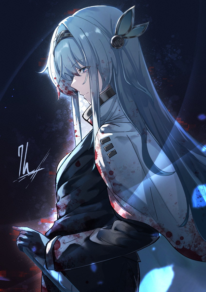 1girl, absurdres, black_gloves, black_hairband, blood, blood_on_clothes, cape, commentary_request