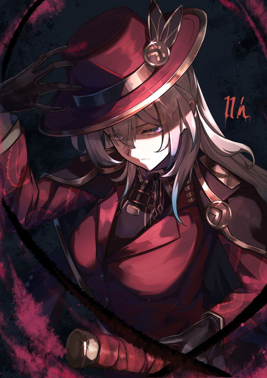 1girl, absurdres, black_gloves, black_shirt, blue_hair, breasts, cape, commentary_request, cosplay, firefly_(honkai:_star_rail), gloves, grey_hair, hair_between_eyes, halterneck, hand_on_own_head, hat, highres, holding, holding_sword, holding_weapon, honkai:_star_rail, honkai_(series), jacket, large_breasts, lei_heng_(project_moon), lei_heng_(project_moon)_(cosplay), limbus_company, long_hair, memeiradesuyo, multicolored_eyes, multicolored_hair, project_moon, red_jacket, shirt, solo, sword, thumb_(identity)_(project_moon), two-tone_hair, weapon