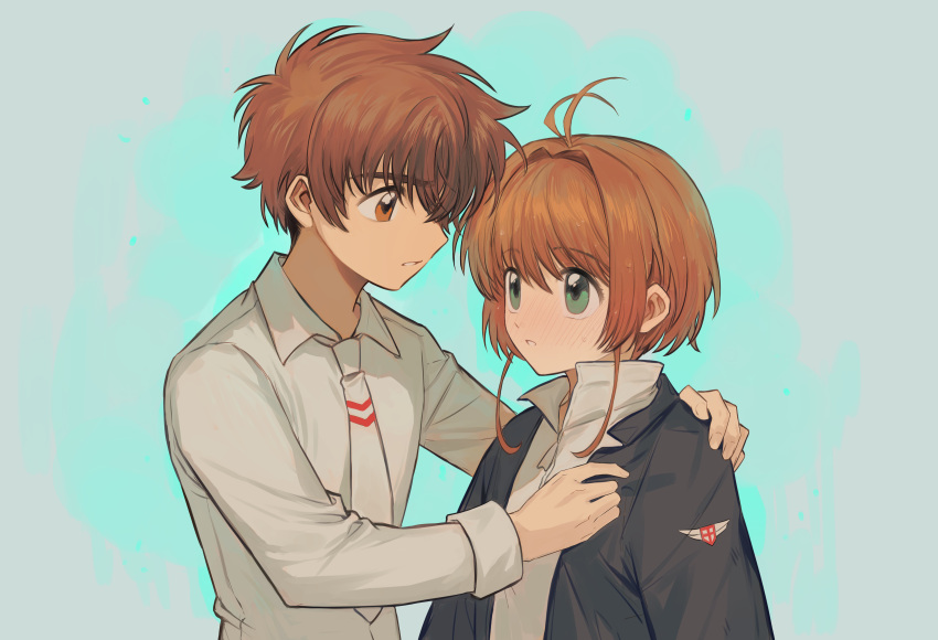 1boy, 1girl, absurdres, antenna_hair, black_jacket, borrowed_clothes, brown_eyes, caosishao