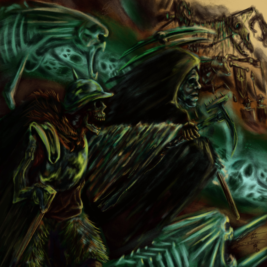 6+others, absurdres, armor, artist_name, banner, black_cloak, cloak, commentary, dated, english_commentary, ghost, hammer, helmet, highres, holding, holding_banner, holding_polearm, holding_shield, holding_sword, holding_weapon, hood, hooded_cloak, horse, multiple_others, polearm, shield, signature, skeleton, skeleton_horse, sonofthecrimsonking, spear, sword, undead, vampire_counts_(warhammer), war_hammer, warhammer_fantasy, weapon