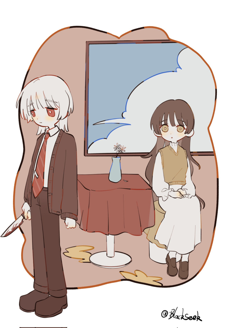 1boy, 1girl, blackseek, blood, blood_on_knife, blush, bouquet, brother_and_sister