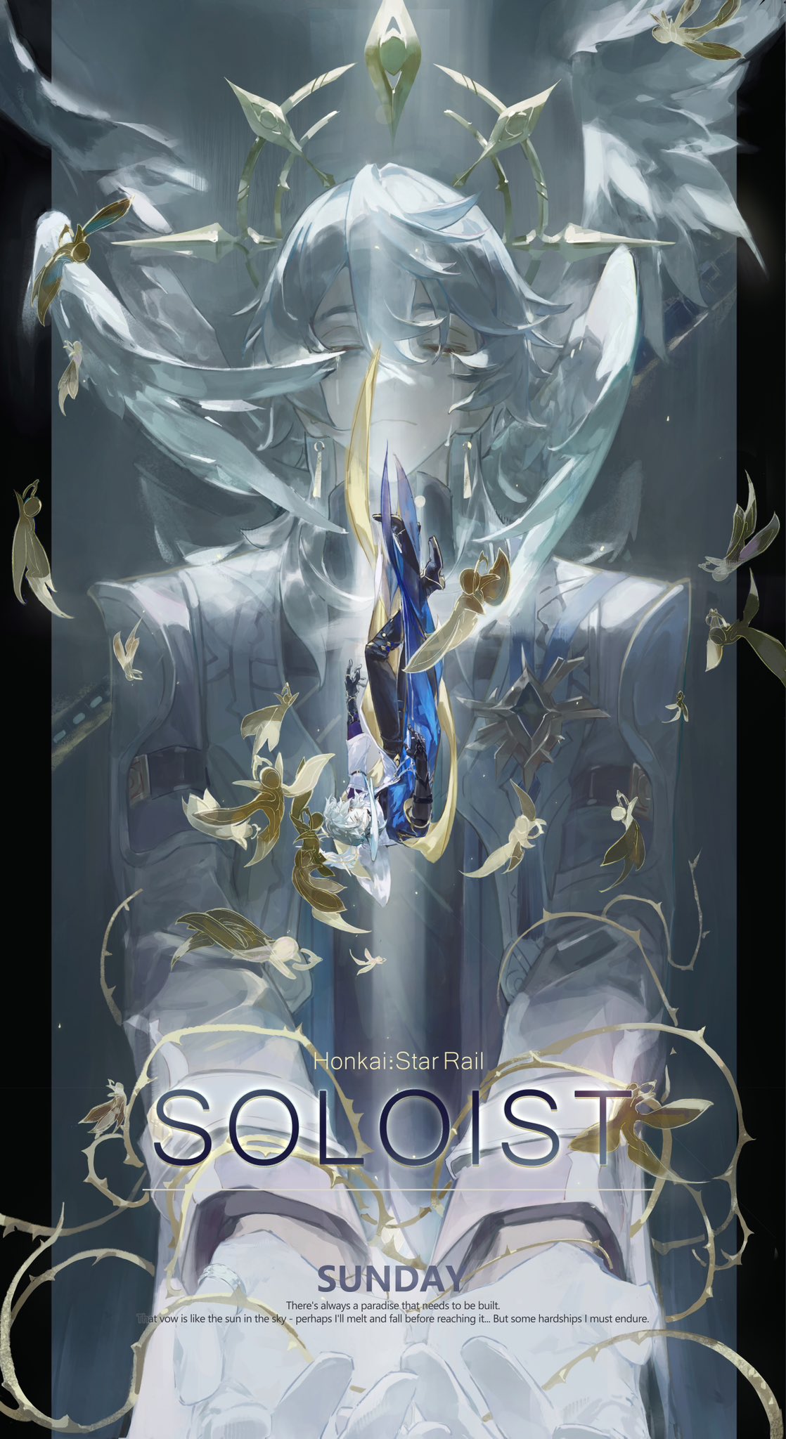 1boy, blue_hair, closed_eyes, earrings, english_text, falling, feathers, full_body
