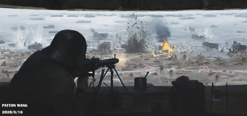 6+boys, ammunition_belt, ammunition_box, bipod, combat_helmet, commentary, czech_hedgehog, english_commentary, explosion, firing, gun, helmet, invasion_of_normandy, landing_craft, landscape, machine_gun, mg42, military, multiple_boys, original, patton_wang, scenery, ship, soldier, stahlhelm, utah_beach, watercraft, weapon, world_war_ii
