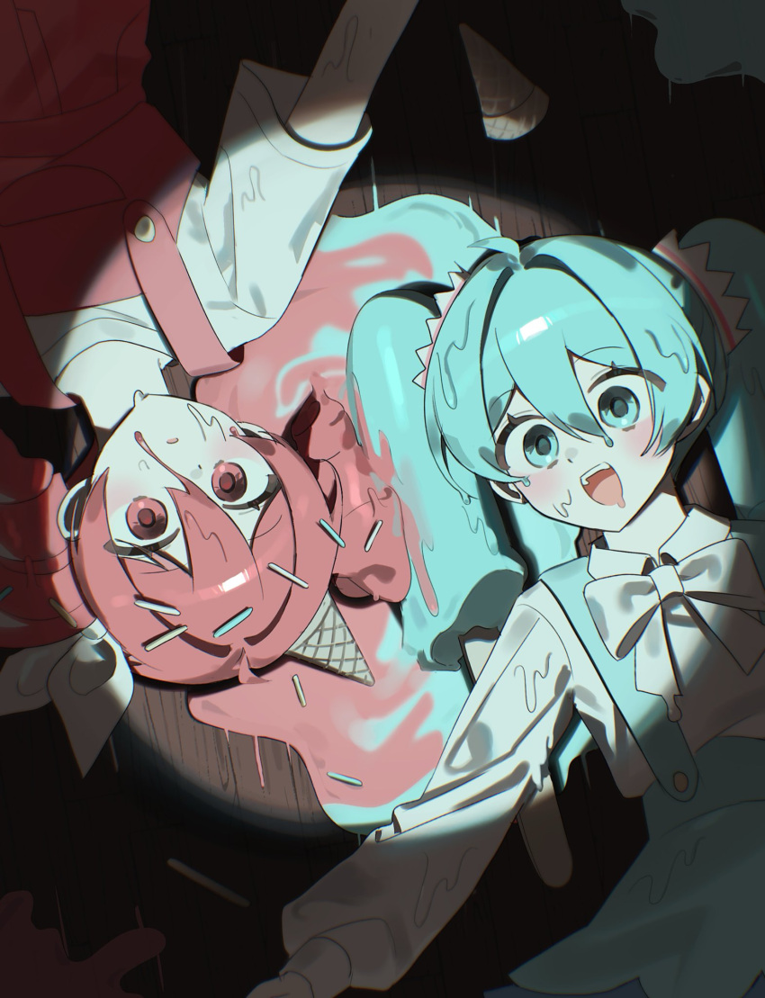 2girls, blue_eyes, blue_hair, blue_skirt, blue_suspenders, body_horror, bow, bowtie