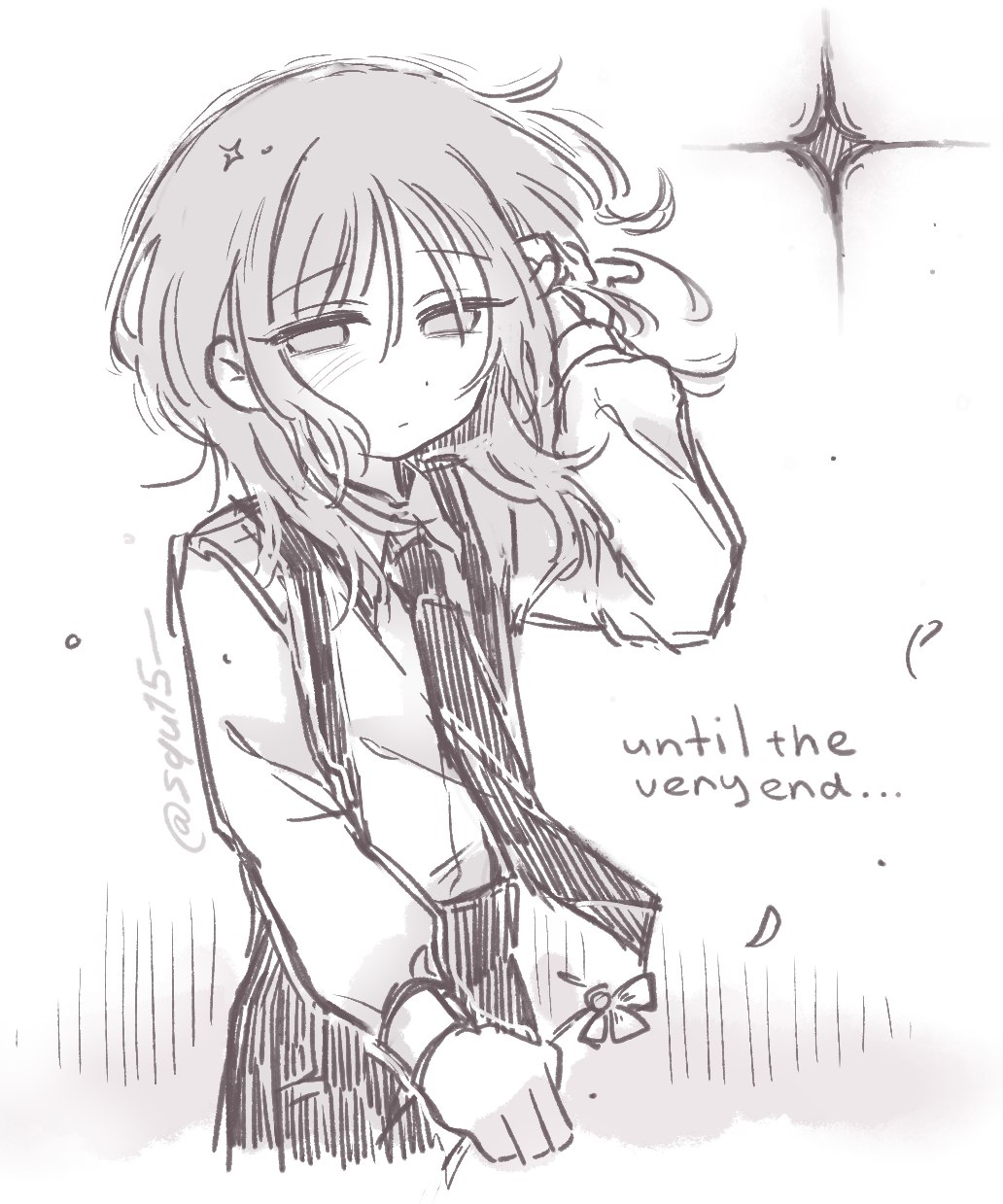 1boy, blush, cowboy_shot, dress_shirt, flower, hand_in_own_hair, hashtag-only_commentary, highres, holding, holding_flower, looking_at_viewer, medium_hair, messy_hair, monochrome, necktie, pants, petals, saihate_eki, shirt, sketch, solo, sparkle, squ15, suspenders, tatsunami_shion