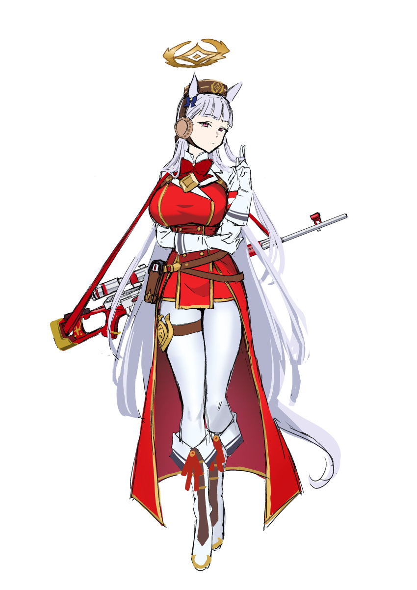 1girl, absurdres, animal_ears, arm_under_breasts, blue_archive, boots, bow, breasts