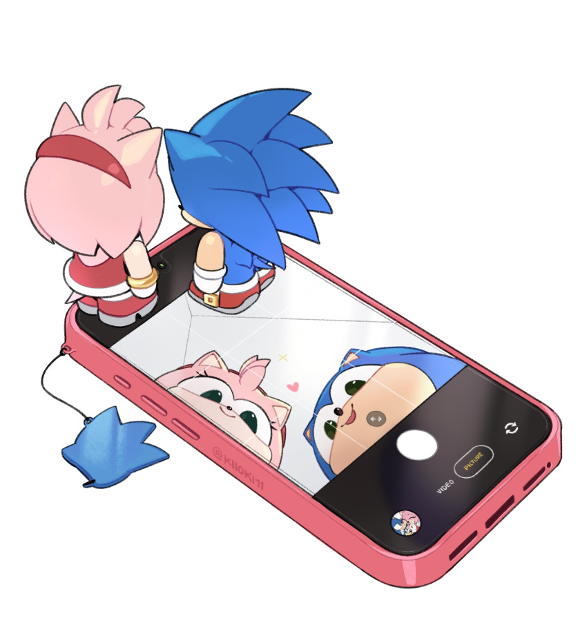 1boy, 1girl, amy_rose, animal_nose, blue_fur, bracelet, cellphone, cellphone_charm