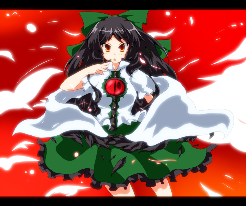 bad_id, bajiru, black_hair, bow, breasts, cape, frills, hair_bow