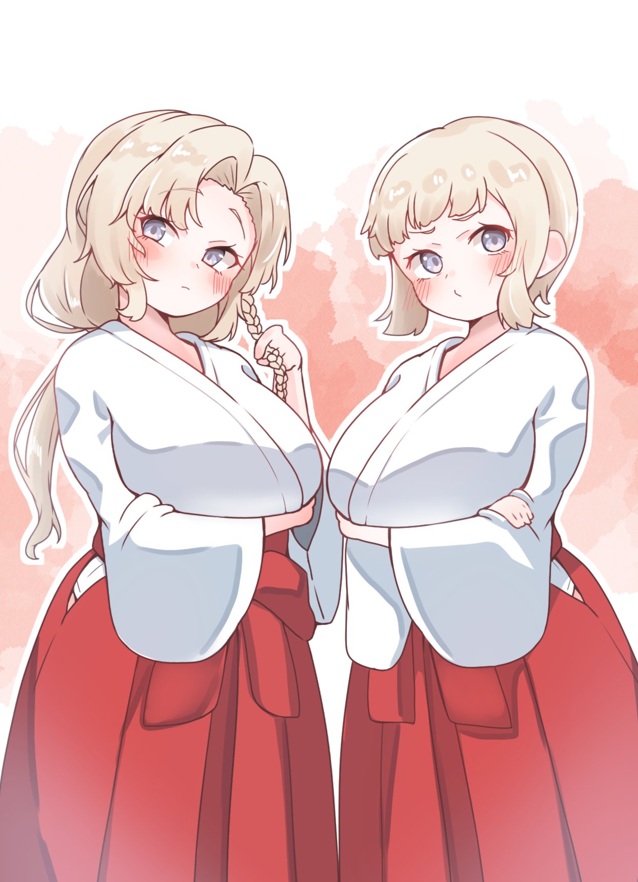 2girls, 702_(naotsu), ?, arm_under_breasts, blonde_hair, braid, breasts, commentary_request