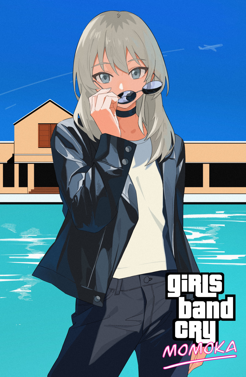 1girl, absurdres, aircraft, airplane, black_choker, black_jacket, black_pants, blue_sky
