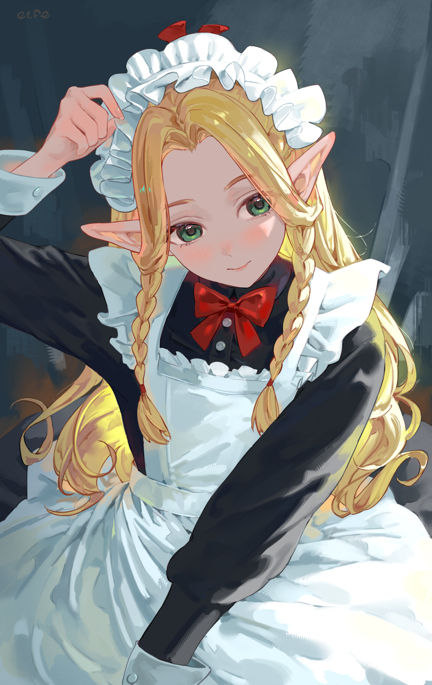 1girl, absurdres, apron, artist_name, black_dress, blonde_hair, braid, chinese_commentary