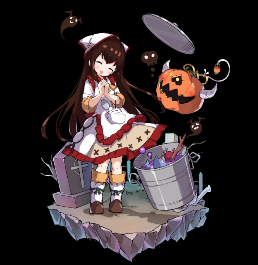 1girl, ^_^, apron, bare_tree, black_background, black_hair, blush, boots