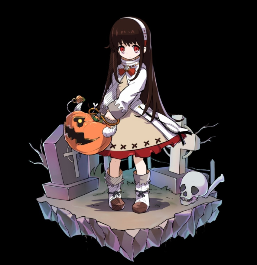 1girl, bare_tree, black_background, black_hair, bone, boots, closed_mouth, cosette_(merc_storia)