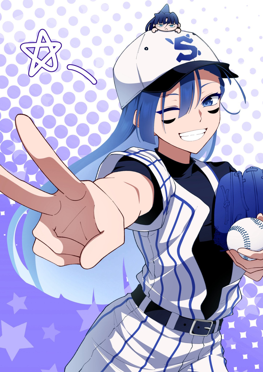 2girls, ado_(utaite), baseball, baseball_cap, baseball_mitt, baseball_uniform, belt, black_belt