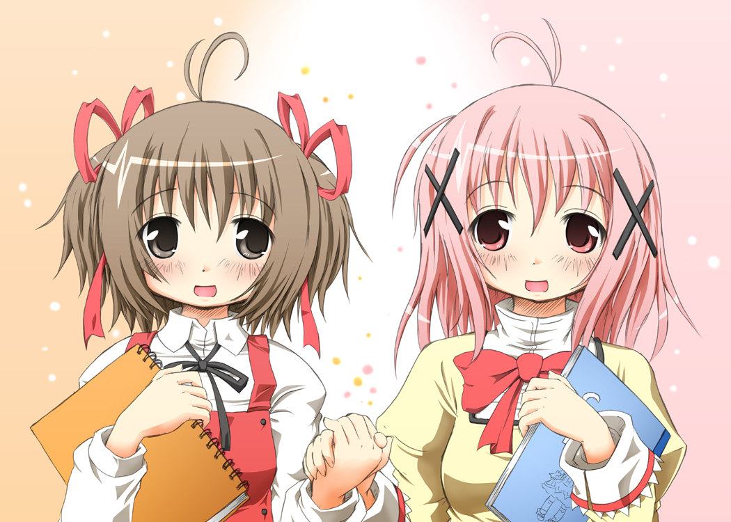 ahoge, alternate_hairstyle, black_eyes, blush, bow, brown_hair, chima, company_connection