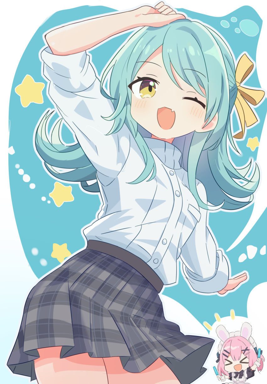 >_<, 2girls, :d, ;d, absurdres, amaori_renako, apron, aqua_hair