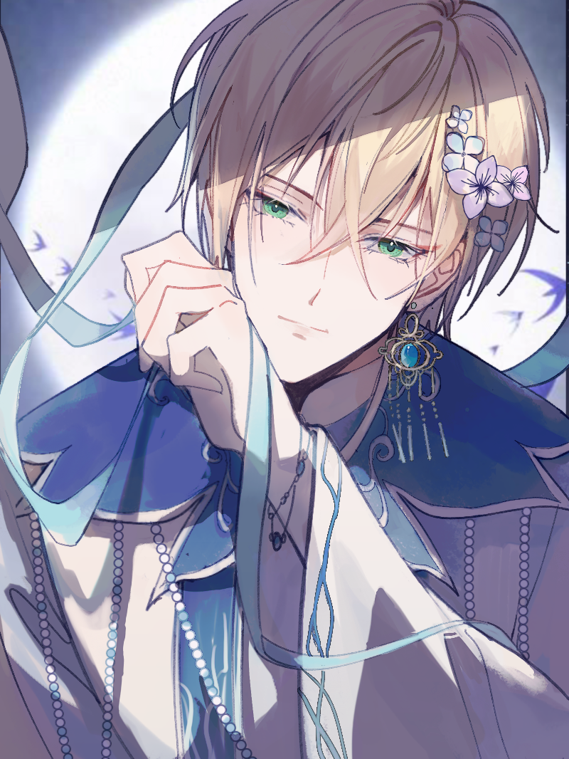1boy, alkaid_mcgrath, ashan577, beads, bird, blonde_hair, blue_gem, blue_ribbon, bracelet, chinese_clothes, chinese_commentary, closed_mouth, commentary_request, earrings, eyeliner, floating_earrings, flower, full_moon, gem, green_eyes, hair_between_eyes, hair_flower, hair_ornament, holding, holding_ribbon, hydrangea, jewelry, light_smile, long_sleeves, looking_at_viewer, lovebrush_chronicles, makeup, male_focus, medium_hair, moon, purple_flower, red_eyeliner, ribbon, robe, single_earring, solo, swallow_(bird), white_robe, wide_sleeves, yunjian