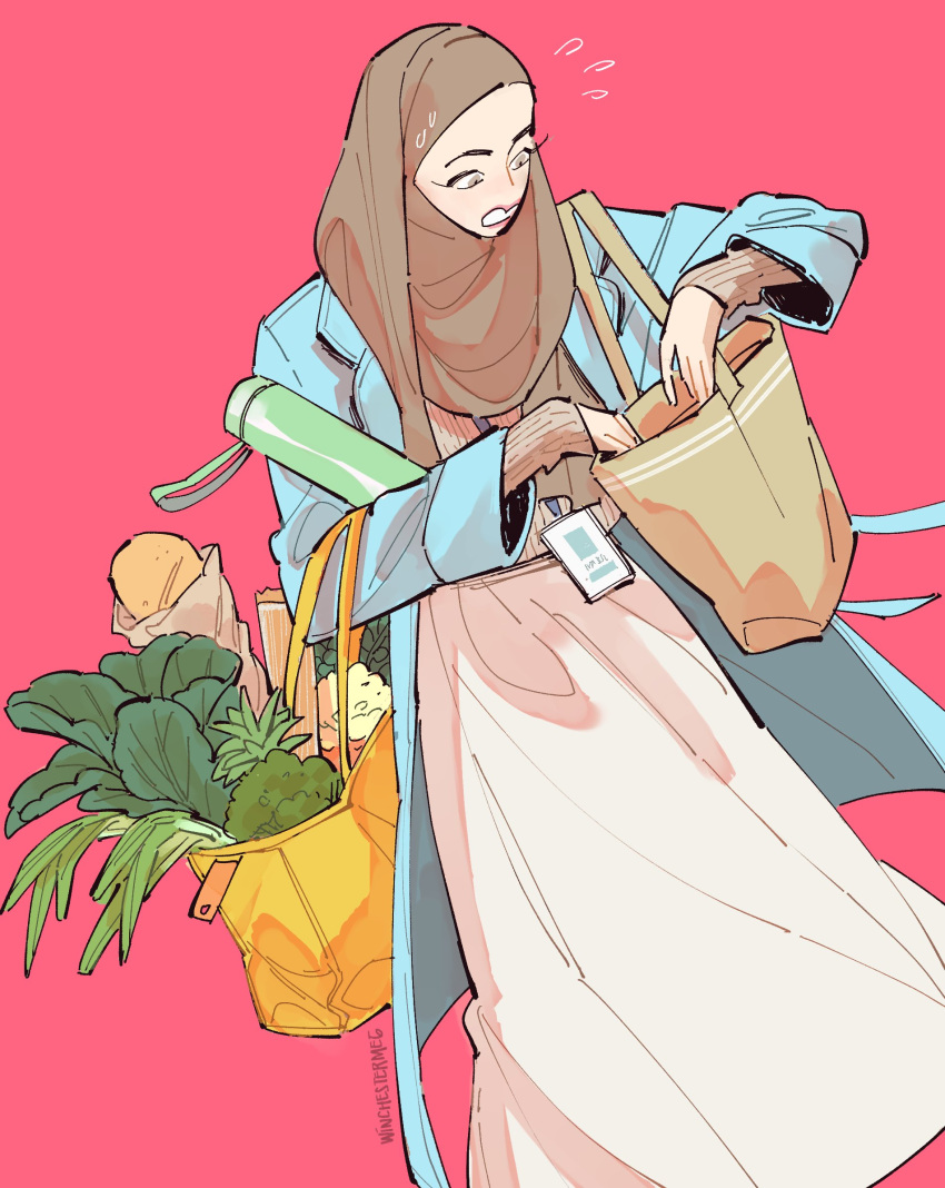 1girl, bag, blue_coat, brown_eyes, brown_hijab, coat, commentary, dress
