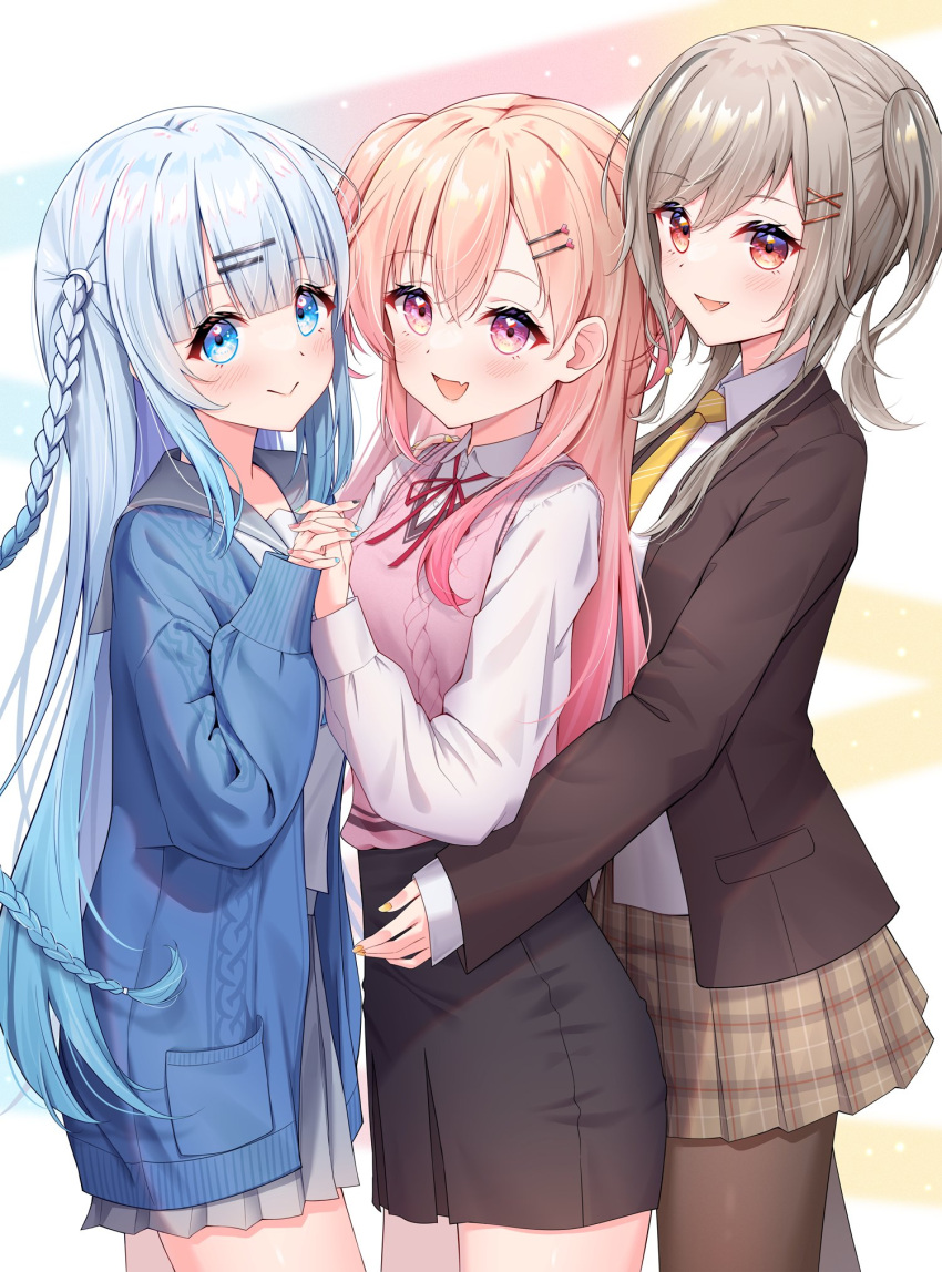 3girls, black_skirt, blonde_hair, blue_cardigan, blue_eyes, blue_hair, blue_nails, braid