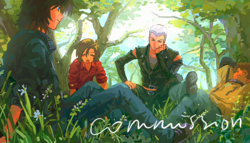 4boys, absurdres, black_jacket, blue_eyes, blue_pants, brown_hair, commentary_request, commission, forest, grey_hair, hair_between_eyes, hige_(wolf's_rain), highres, jacket, kiba_(wolf's_rain), male_focus, multiple_boys, nature, outdoors, pants, parted_lips, qian443708, red_shirt, shirt, short_hair, sitting, toboe_(wolf's_rain), tree, tsume_(wolf's_rain), under_tree, wolf's_rain, yellow_jacket