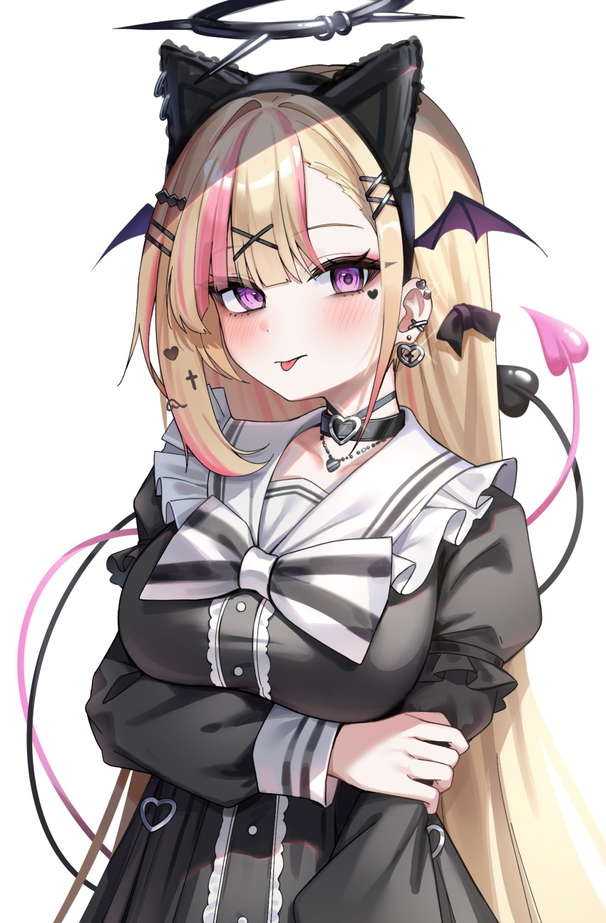 1girl, absurdres, arm_under_breasts, black_choker, black_dress, black_halo, black_tail, blush