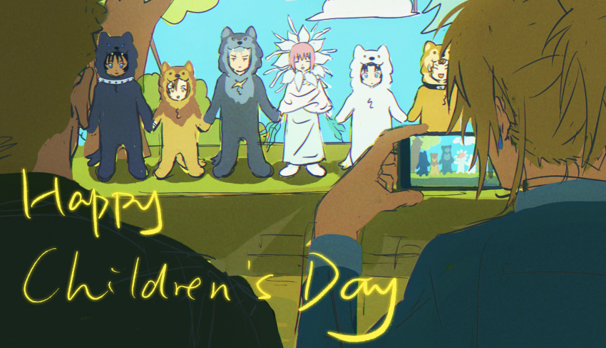 3girls, 5boys, animal_collar, animal_costume, black_hair, blue_eyes, blue_jacket, brown_hair