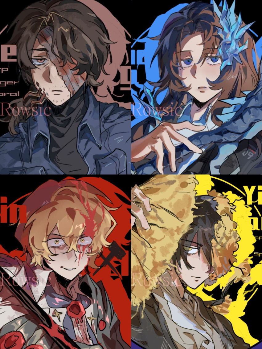1girl, 3boys, artist_name, bandage_over_one_eye, black_hair, black_shirt, blonde_hair, blood, blood_in_hair, blood_on_face, blue_eyes, blue_jacket, brown_hair, character_name, chinese_commentary, closed_mouth, commentary_request, constricted_pupils, crystal, e.g.o_(project_moon), facial_hair, facial_mark, flower, folding_fan, g_corp._(identity)_(project_moon), gregor_(project_moon), hair_over_eyes, hanbok, hand_fan, highres, holding, holding_fan, jacket, korean_clothes, limbus_company, long_hair, looking_at_viewer, mole, mole_under_eye, multiple_boys, n_corp._fanatic_(identity)_(project_moon), one_eye_covered, project_moon, rime_shank_(e.g.o), rodion_(project_moon), rowsic, scarf, shirt, short_hair, sinclair_(project_moon), spicebush_(e.g.o), stubble, technology_liberation_alliance_(identity)_(project_moon), turtleneck, wax_seal, white_hanbok, white_shirt, yellow_flower, yi_sang_(project_moon)